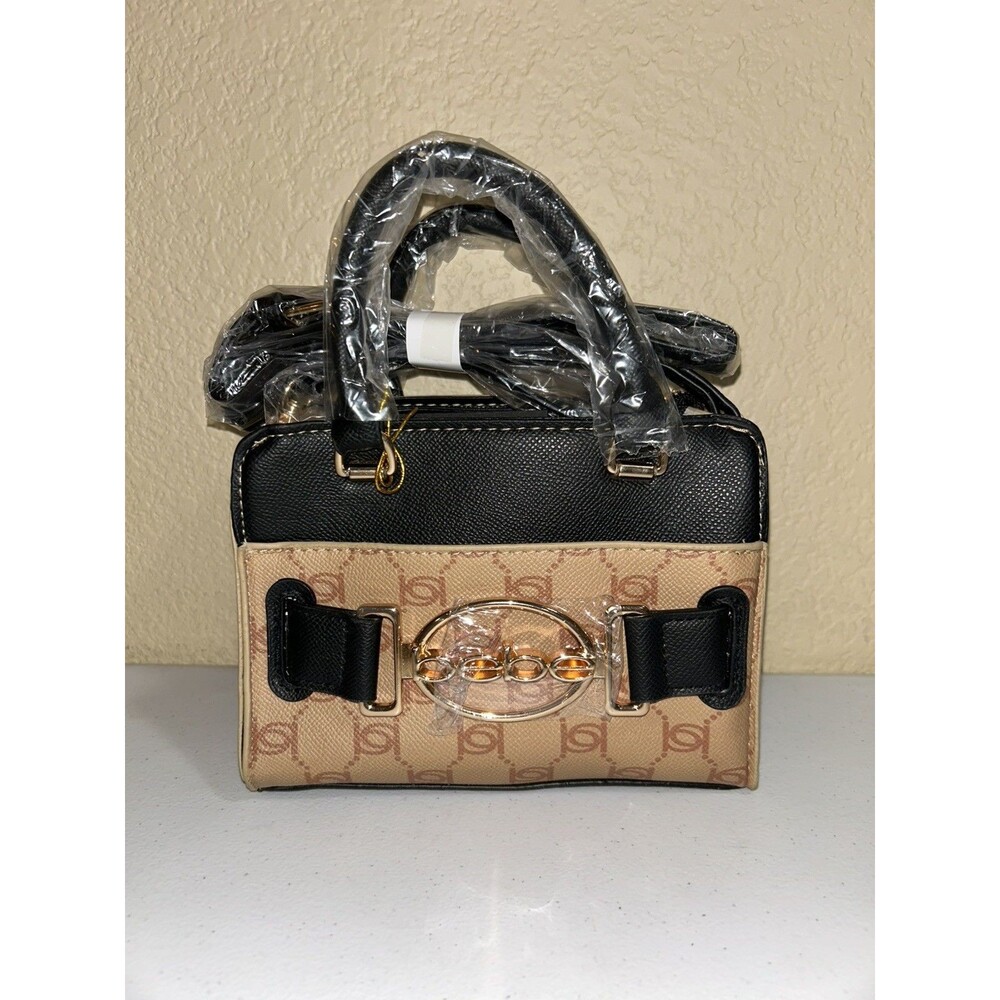 bebe Leilani Monogram Handle Crossbody Almond & Black Clutch NWT MSRP $89